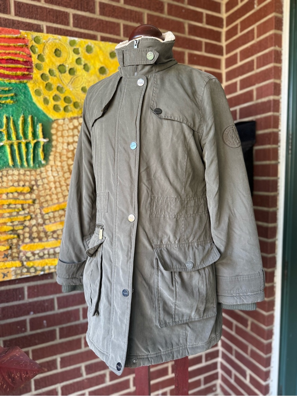 DKNY Olive Green Utility Jacket with High Collar